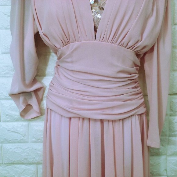 Vintage 90s Abby Kent Cocktail Dress -10 Ruched Crepe Embellished Fullskirt Pink - Picture 3 of 11